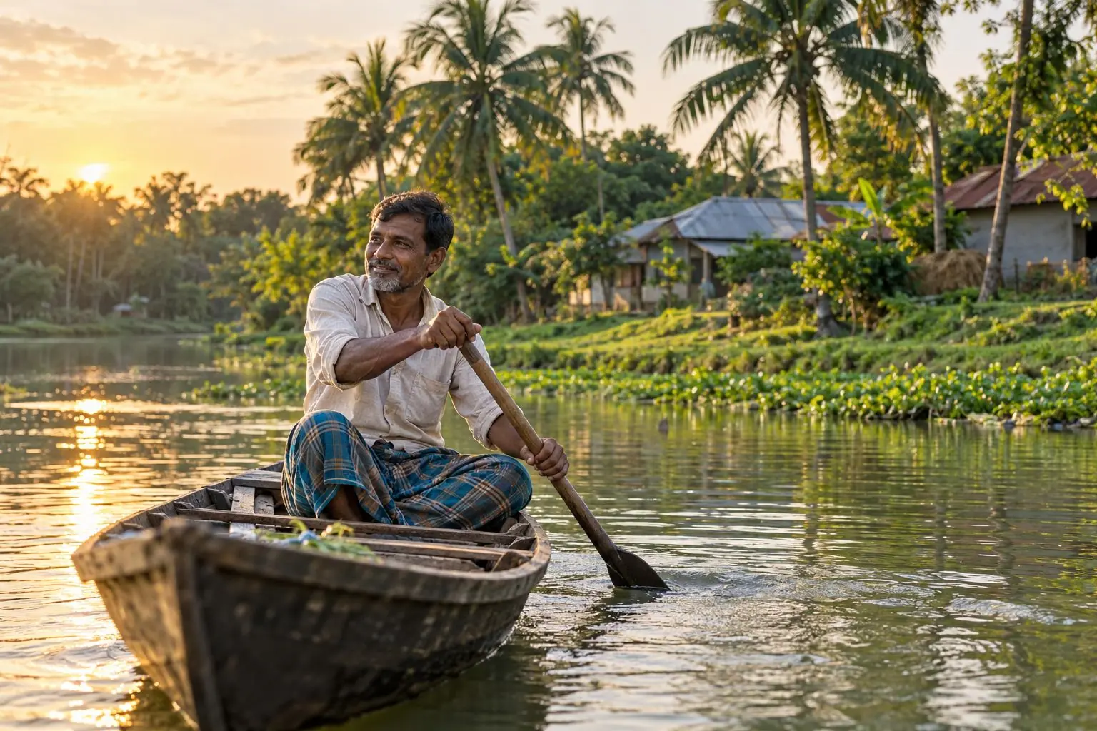 গ্রামের পাশে নদীতে নৌকা বাইছেন একজন মাঝি
