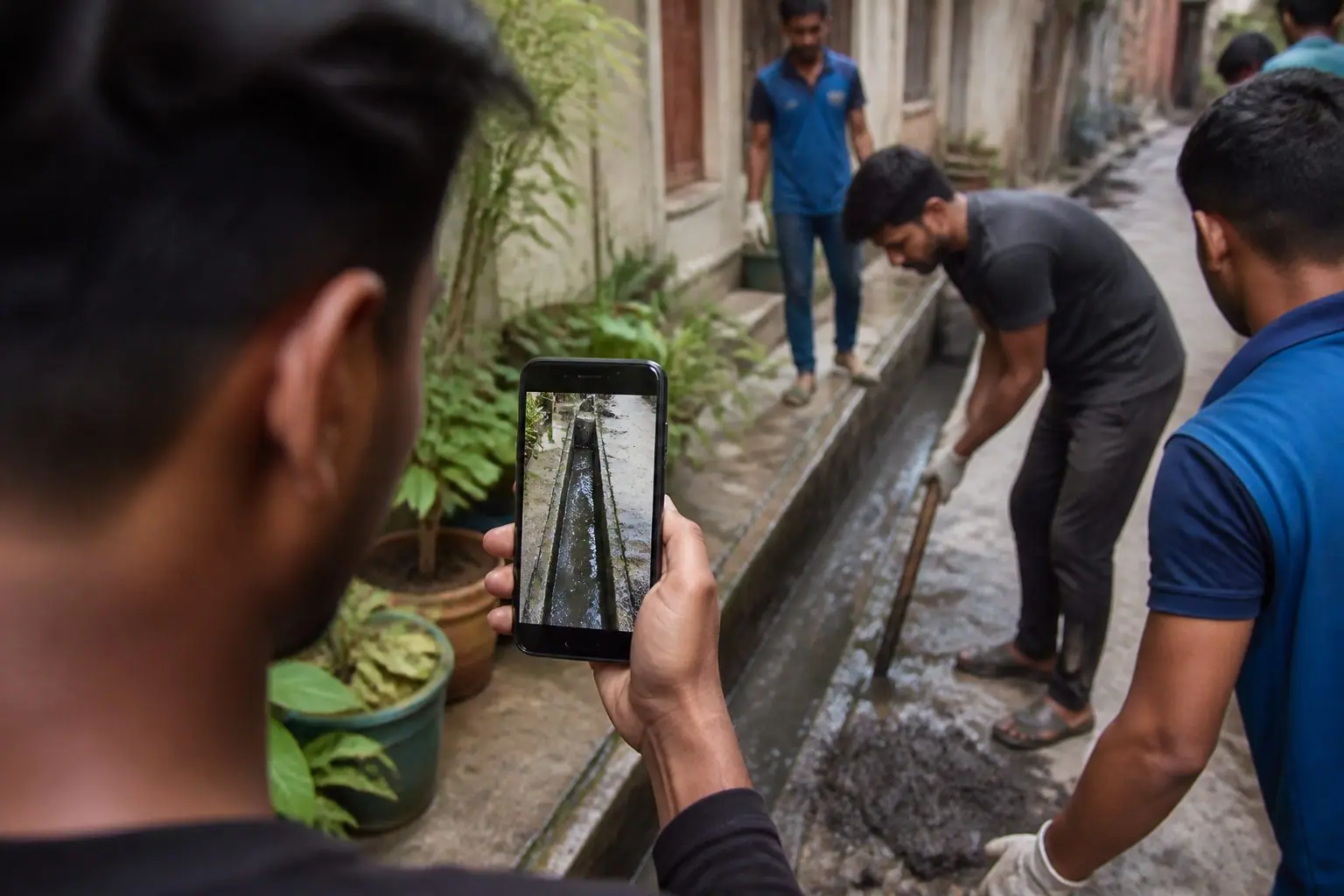 পরিষ্কার করা ড্রেনের ছবি মোবাইলে তুলছেন একজন স্বেচ্ছাসেবক